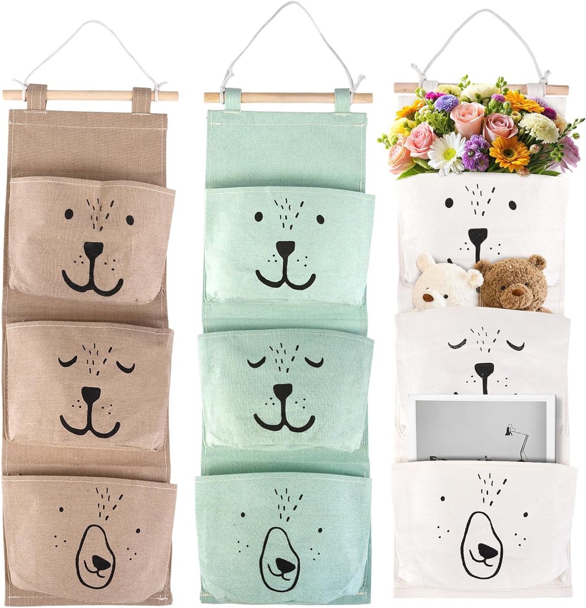 Hangende Wandplank met 3 Vakken, Waterdichte Tasorganizer, Opvouwbare Opbergruimte voor Kinderkamer, Slaapkamer en Badkamer - 60 x 20 cm, Grijs, Wit, Groen