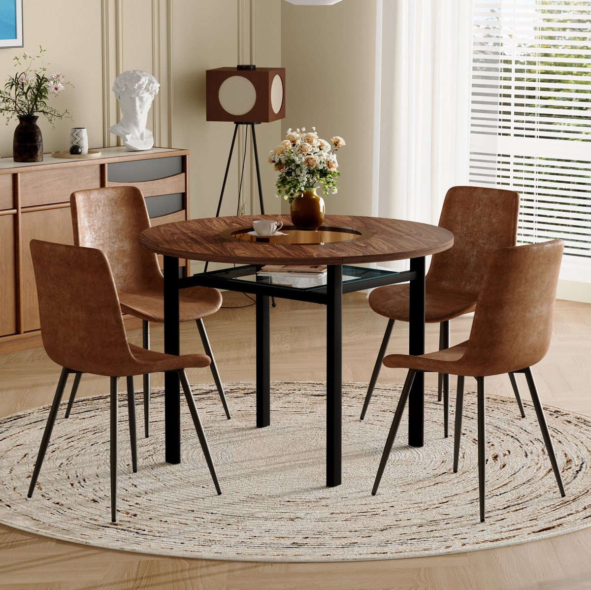 HAUSS SPOLE Set Tafel En Stoelen - Ronde Eettafel Met 4 Stoelen En Glazen Opbergrek - Voor Eetkamer, Woonkamer En Open Keuken - Bruin Zwart