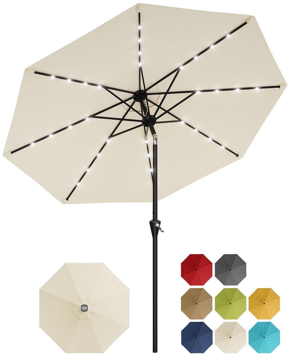 Parasol met Solar LED Verlichting - 300x300x240cm - Tuinparasol UV-bestendig met 8 Ribben en Kantelfunctie - Eenvoudig met Draaiknop - Zonder Voet - Voor Tuin Zwembad of Terras - Wit