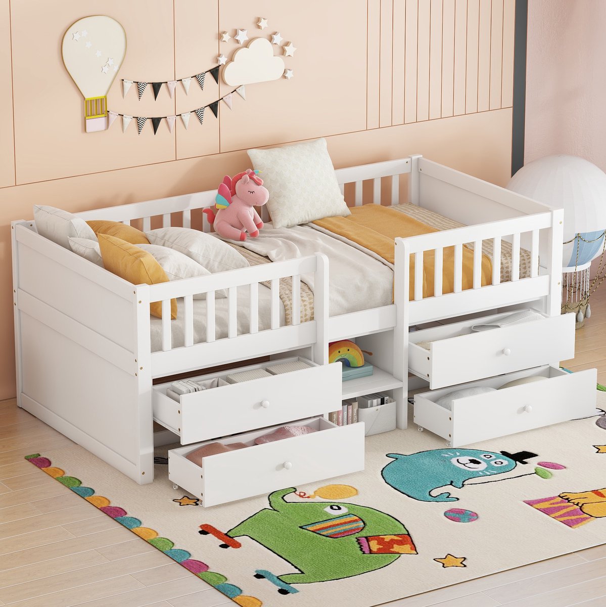 MEUNIQ Halfhoogslaper 90 x 200 cm met 4 lades, veiligheidshekken en ladder, kinderbed in wit voor slaapkamer White