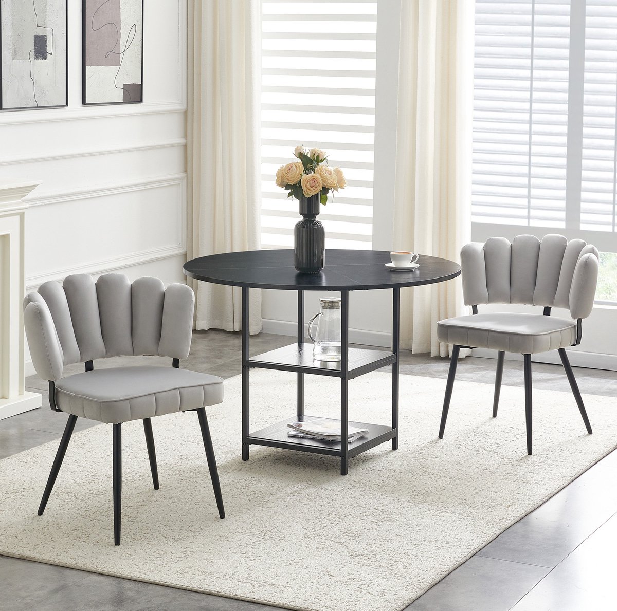 HAUSS SPOLE Set Tafel En Stoelen - Ronde Eettafel Met Dubbele Opbergruimte - 2 Eetkamerstoelen Met Bloemrug - Voor Kleine Woonruimtes - Zwart Lichtgrijs