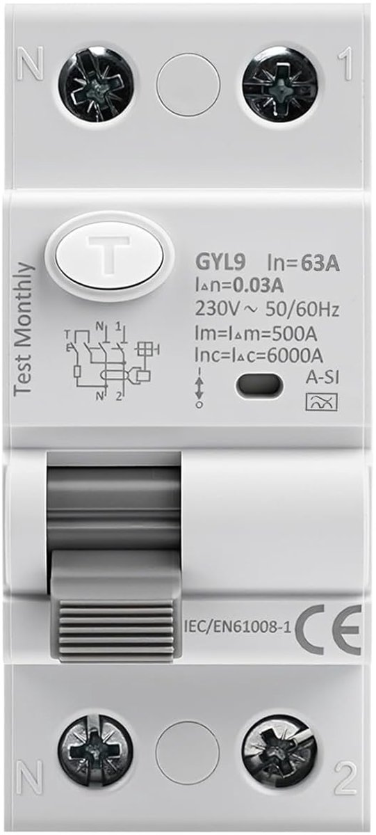 Aardlekschakelaar 63 A - Stroomonderbreker - Veilige Stroomvoorziening - Super Immuun - 2P 30 mA - Grijs