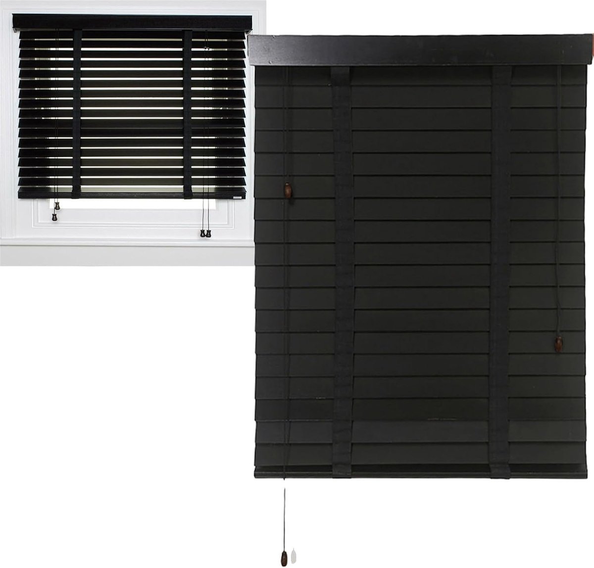 Houten jaloezieën - Horizontale raambekleding - Privacy en zonwering - Natuurlijk hout met