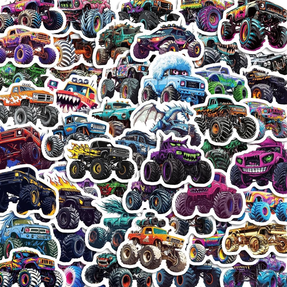 Set van 50 schattige monstertruck stickers voor laptop, skateboard en fiets - waterdichte vinyl stickers voor creatieve projecten