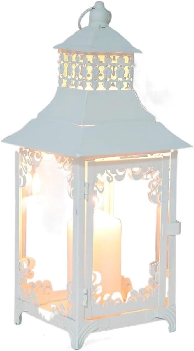 Metalen Kandelaar - Hangende Lantaarn - Sfeervolle Decoratie - Met Uitgesneden Patronen - 145 cm Hoog - Wit