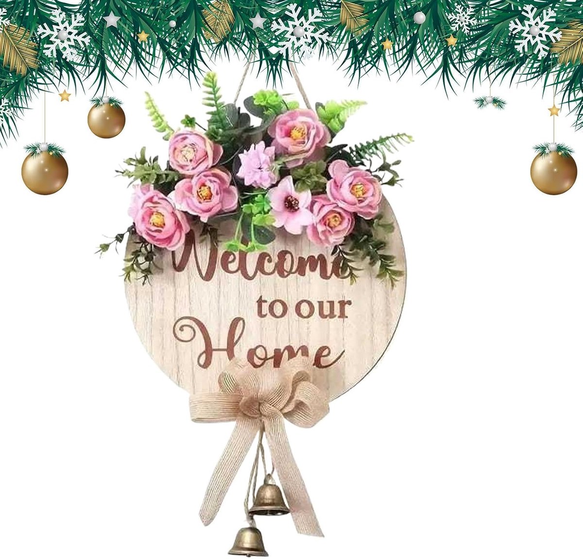 Deurkrans Decoratie - Rustiek Welkomstbord - Entree Verfraaien - Met Rinkelende Bel - 47 x 29 cm - Meerkleurig