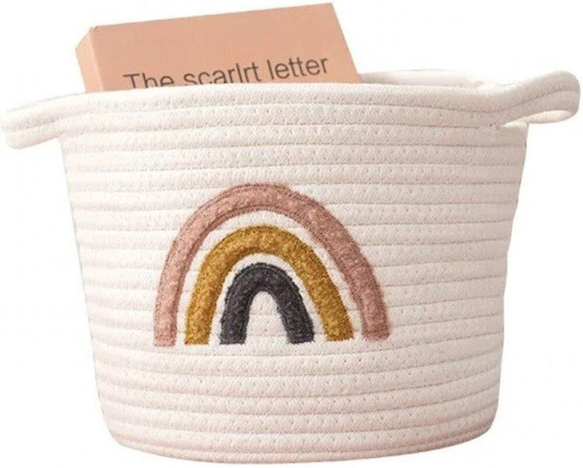 Katoenen Opbergmand - Woven mand - Babykamer Decoratie - Met Handgrepen - 20 x 25 cm - Regenboog