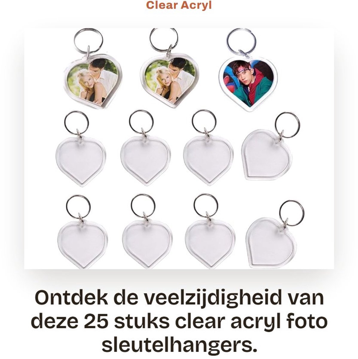 Dailygoods- Sleutelhanger 25 Stuks - Acryl Foto Sleutelhanger - Hartvorm - Gepersonaliseerd - Transparant - Lege Inzet