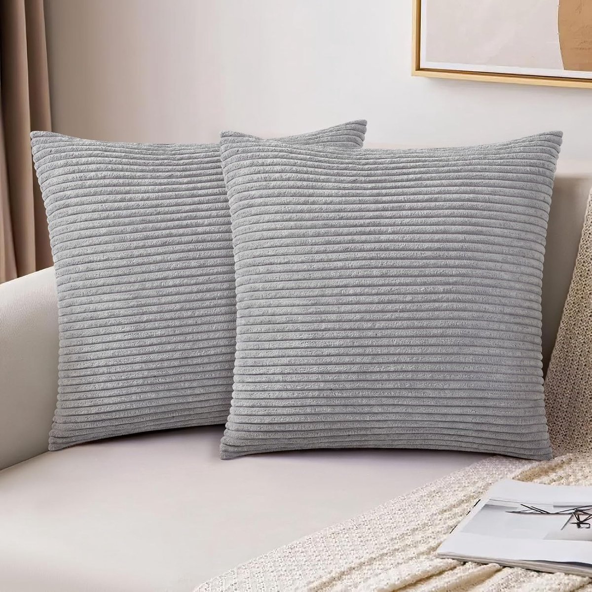 Famanu Set van 2 corduroy kussenslopen 40 x 40 cm, super zacht en decoratief, grijs