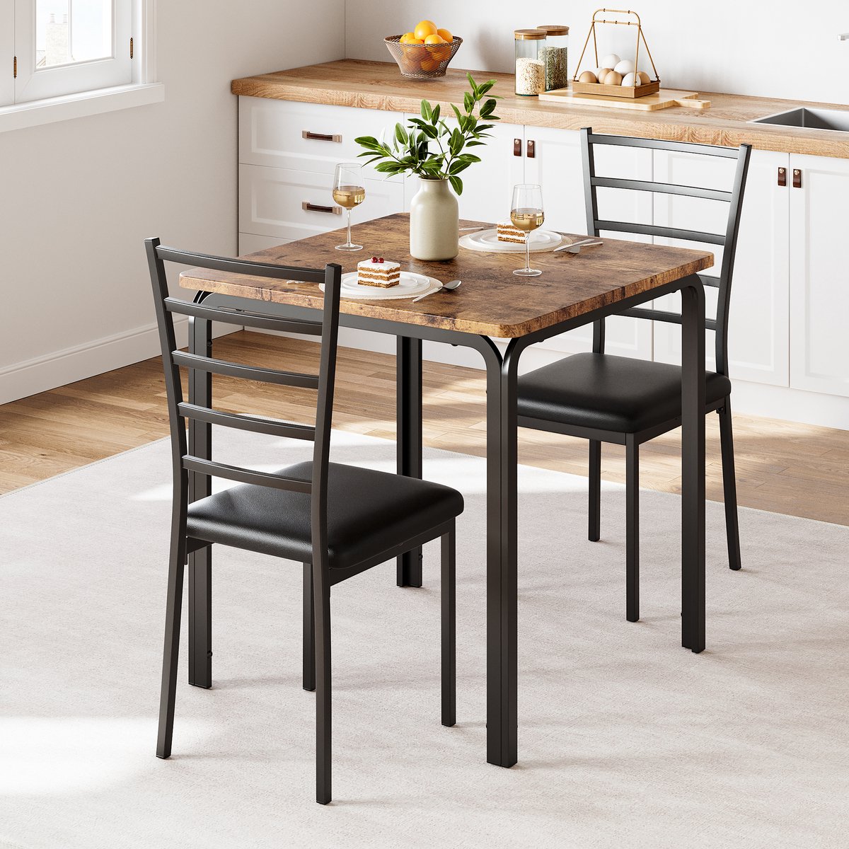 Eettafel Stoel Set 3-delig - 74x74x76cm - 2 Beklede Stoelen - Vintage Tafelblad en Afgeronde Hoeken - Ruimtebesparend voor Kleine Appartementen en Ruimtes - Bruin