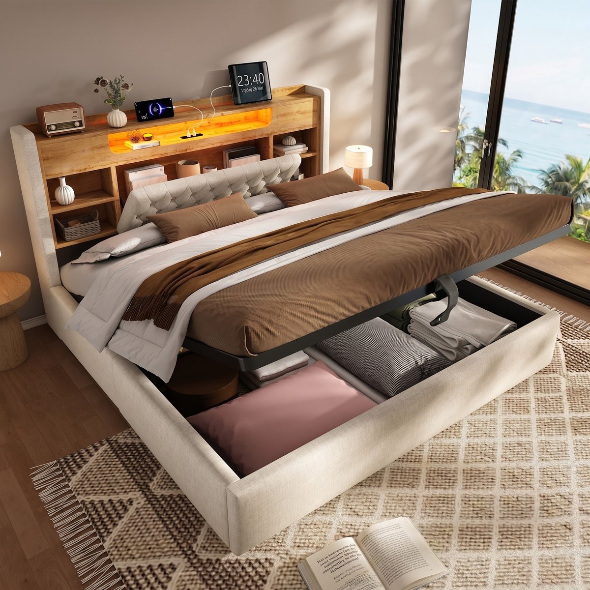 VVBV Gestoffeerd Opbergbed 180x200 cm - LED, USB-C, Hydraulische Opbergruimte, Lattenbodem, Linnen, Metaalframe Beige