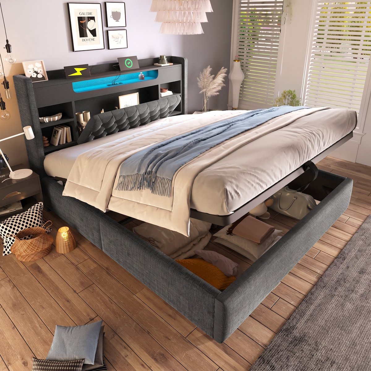 VVBV Bed met opbergruimte 180x200 / Tweepersoonsbed 180x200 – met Hydraulische Opbergruimte, LED-Verlichting, USB, USB-C, Lattenbodem – Hoofdbord – Linnen Gray