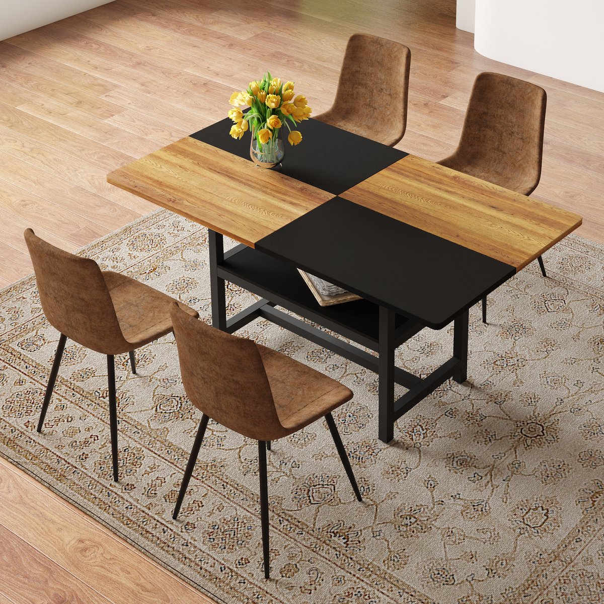 OKWISH Eettafelset 160 Cm - Met Opbergplank En 4 Eetkamerstoelen - Voor Eethoek Of Keuken - MDF En Metaal - Bruin Zwart Bruin En Zwart