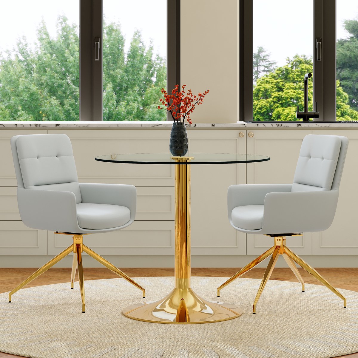 MODENUIT Eettafelset Rond 85 cm - Draaibare Eetkamerstoelen - Voor Eetkamer En Café - Glas En Metaal - Goud Lichtgrijs Goud, Lichtgrijs, Transparant