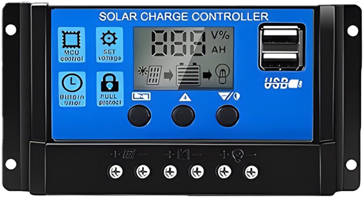 30A - 12V - PWM - Zonnepaneelcontroller – Zonnepaneel - Controller - Fotovoltaïsch zonne-energiesysteem voor campers - Met LCD-display en 5V - USB-interface
