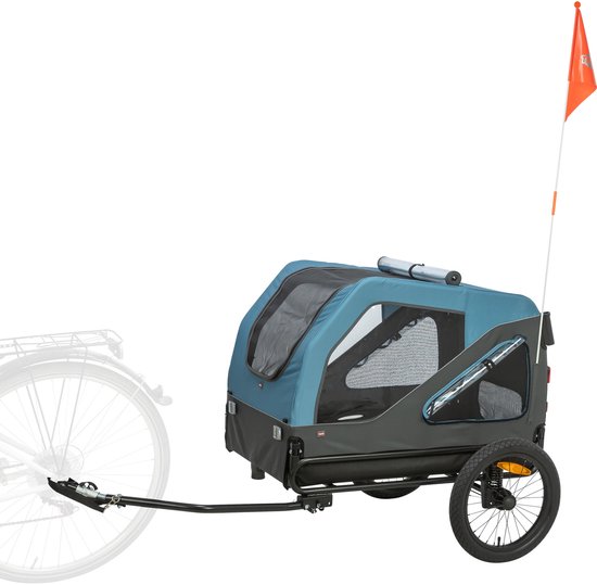 Blauwe en grijze fietskar voor honden, met oranje vlag. Koppeling aan fiets zichtbaar.