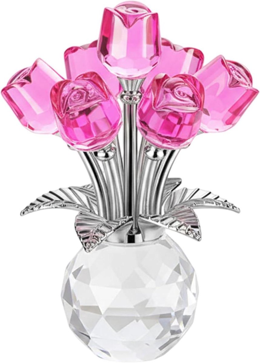 Kristallen Roos - Glazen Bloemen - Interieur Decoratie - Tijdloos Gebaar - 15x14x15 cm - Roze