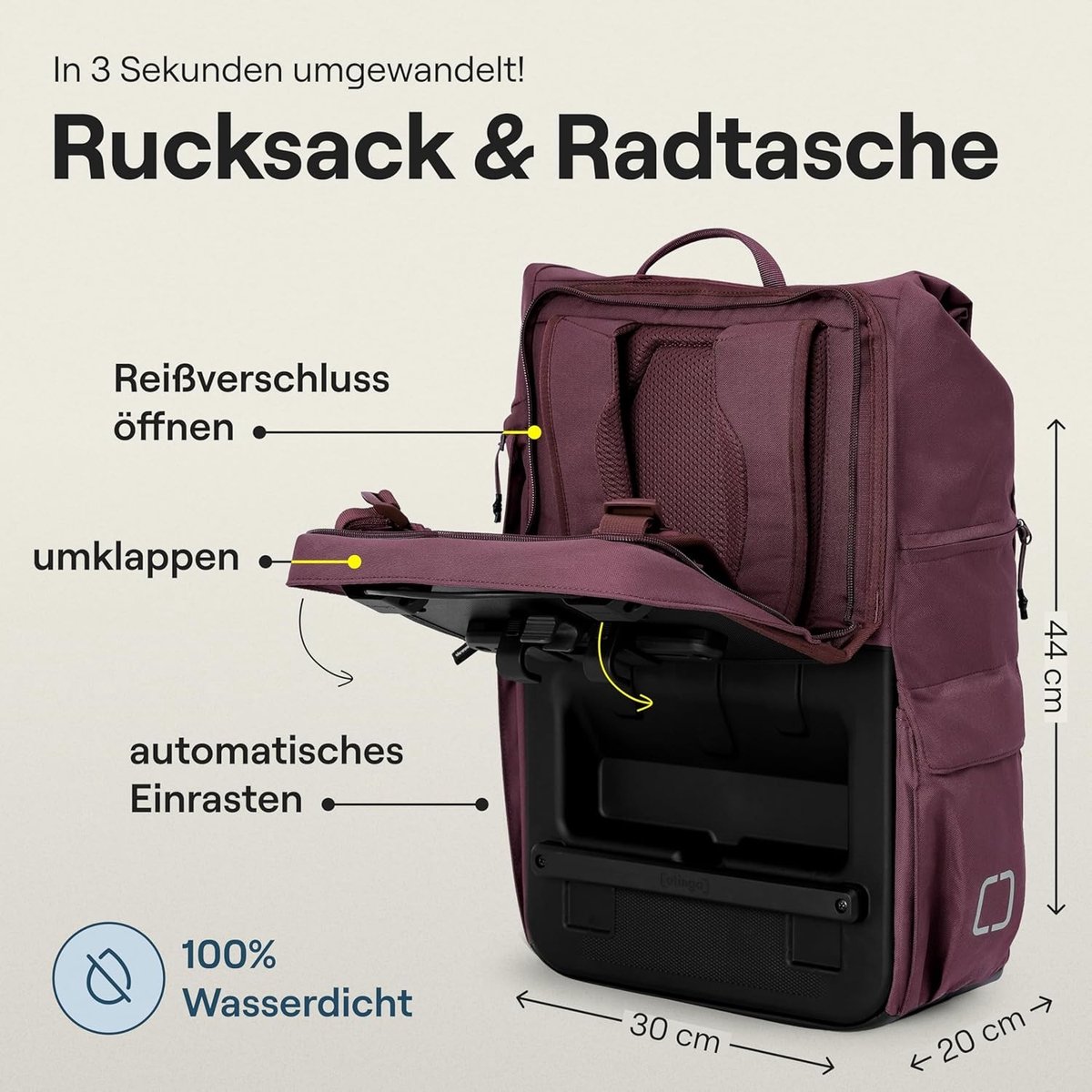 Fietstas en Rugzak - Waterdicht - 34 Liter Volume - Omgebouwd in 7 Seconden - Voor Fietsers