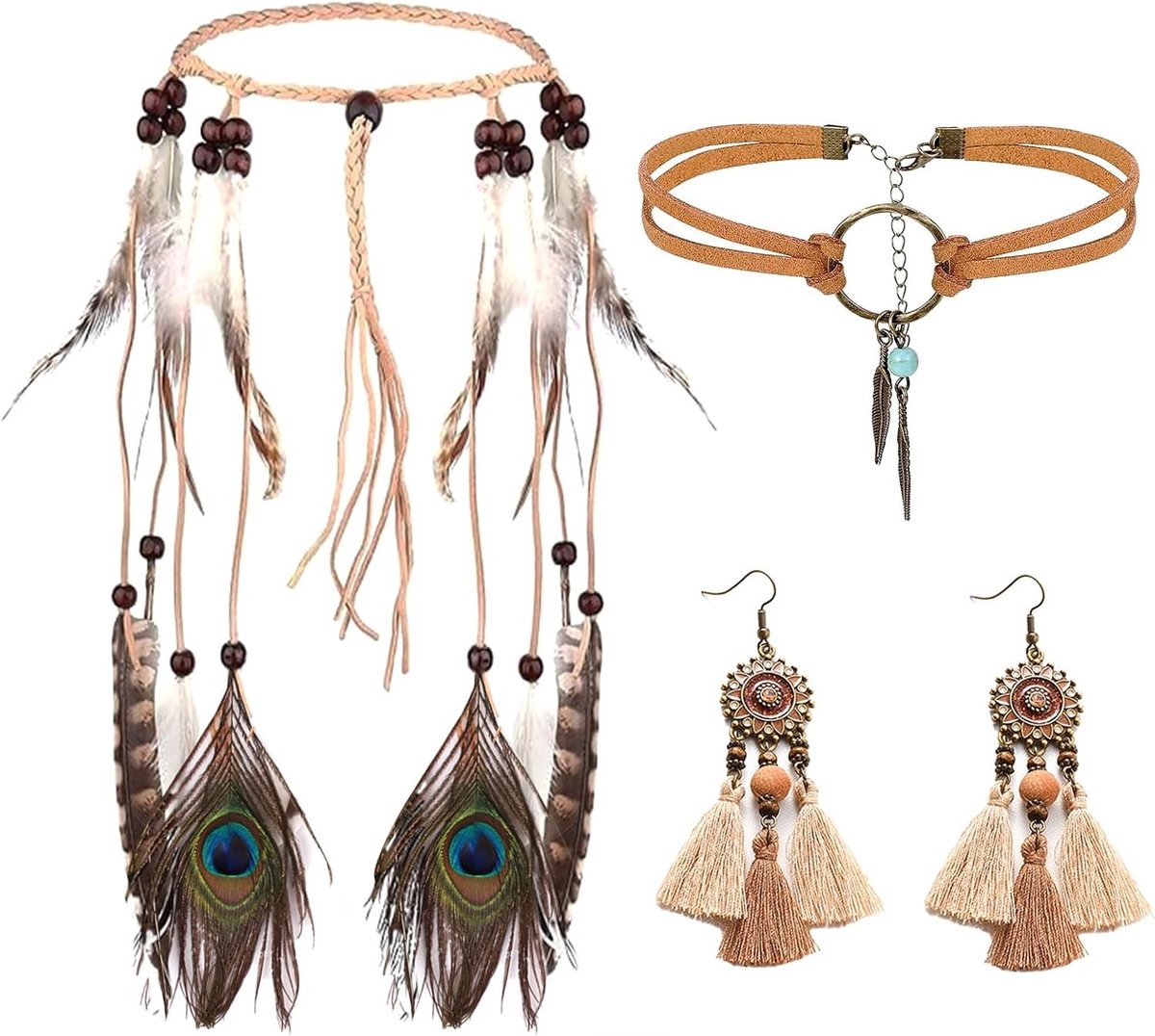 Indiase Hoofdsieraden Set met Veren Haarband, Dromenvanger Oorbellen en Lederen Choker voor Hippie Kostuum en Vintage Carnavalsmode