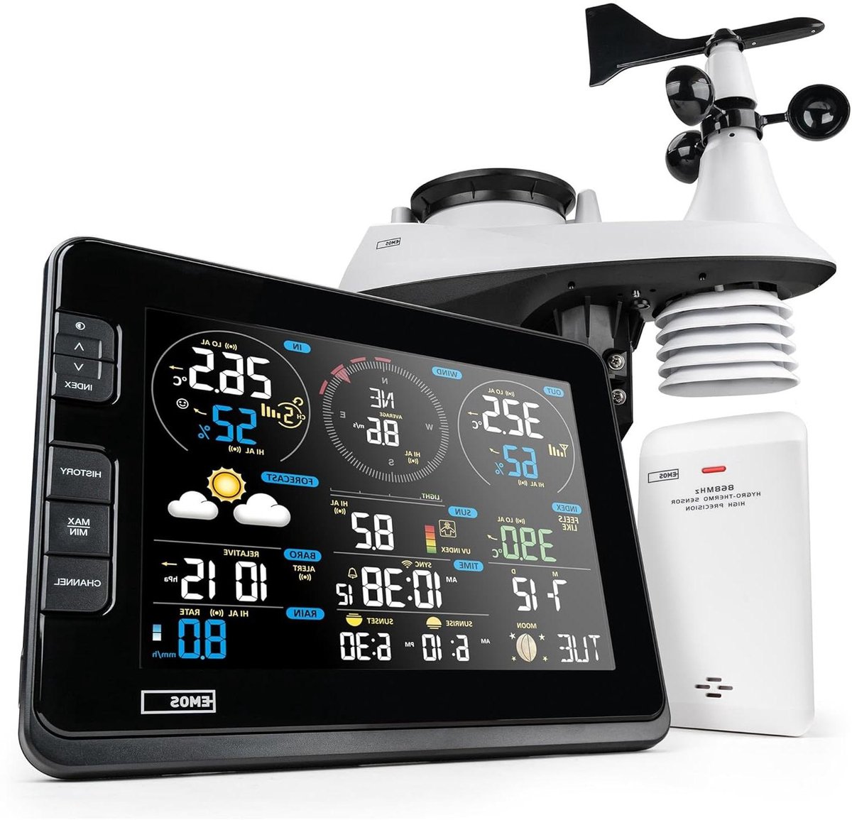 Weerstation met Windmeter - Weersvoorspeller Buiten - Weersvoorspelling Thuis - 7-in-1 Sensor - 8 inch Kleurendisplay - Wit