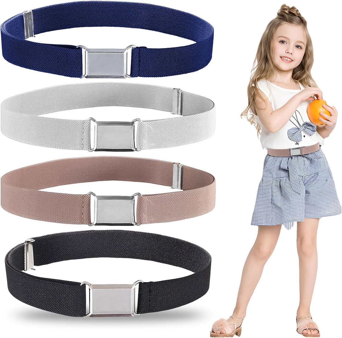 Set van 4 Elastische Kinderriemen - Verstelbare Vierkante Gesp voor Jongens en Meisjes - Stretchy Riem in Zwart, Zilver, Marineblauw en Roze met Comfortabele Pasvorm
