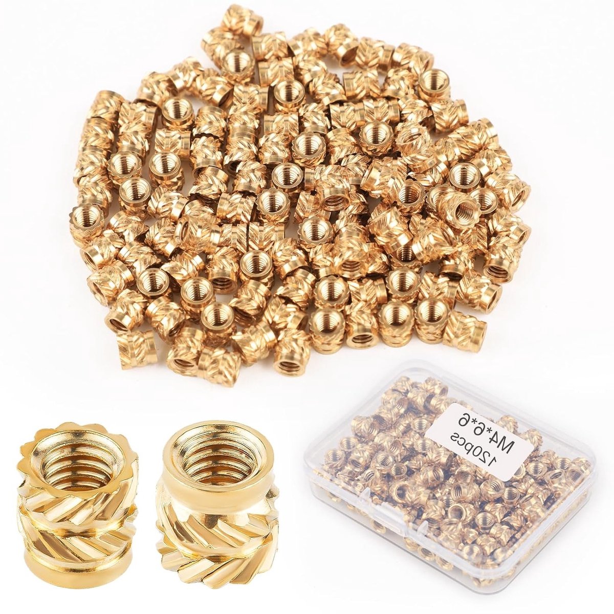 120 Stuks 3D Printen Messing Moeren, M4x6x6mm Draad Heat Set Inserts voor 3D Print Onderdelen en Kunststof Behuizingen