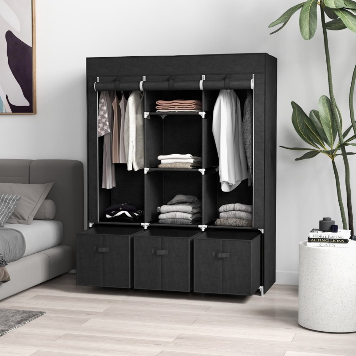 Kast - Kledingkast Met 2 Kledingstangen, 5 Planken En 3 Lades - Slaapkamer En Berging - Zwart - 125x43x162,5 Cm