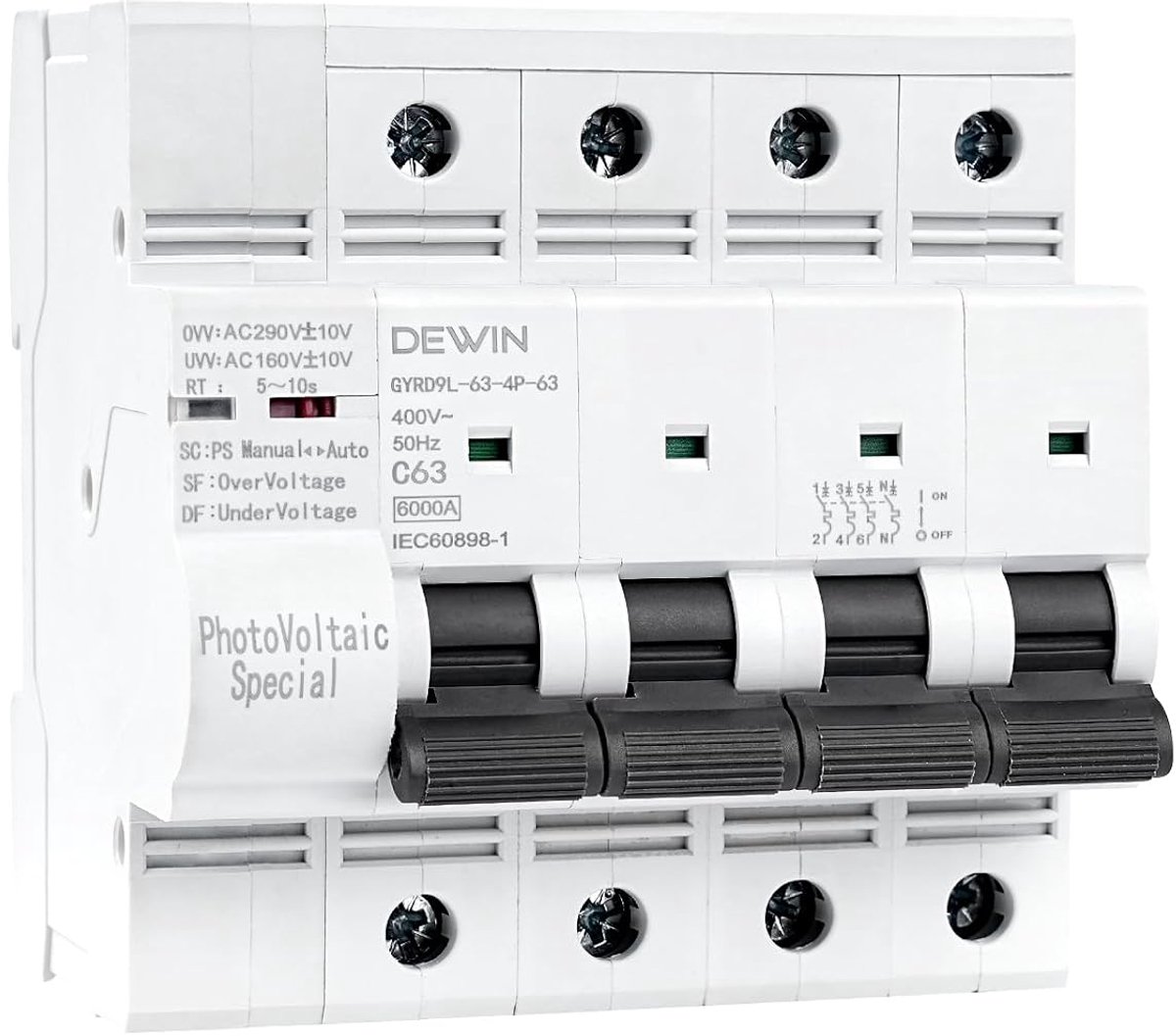 Zonnepanelen schakelaar 63A 400V - met overspannings- en onderspanningsbeveiliging - voor 50Hz AC circuits - ShopVlot