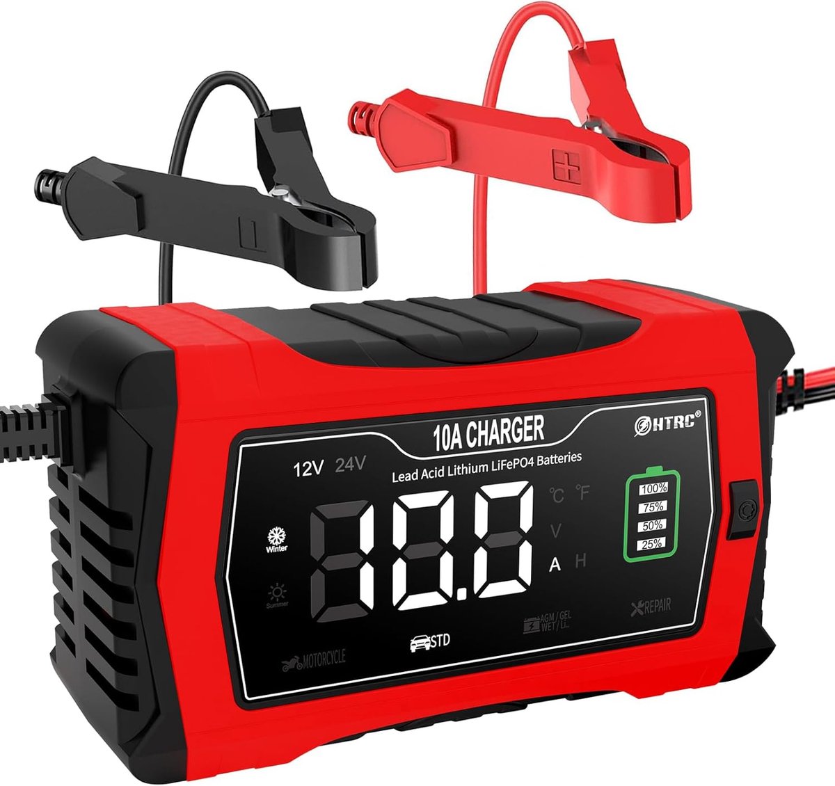 Autobatterij oplader 10A - 12V/24V Lithium en loodzuur - Automatisch met LCD-display - Voor veilig laden van voertuigen - ShopVlot