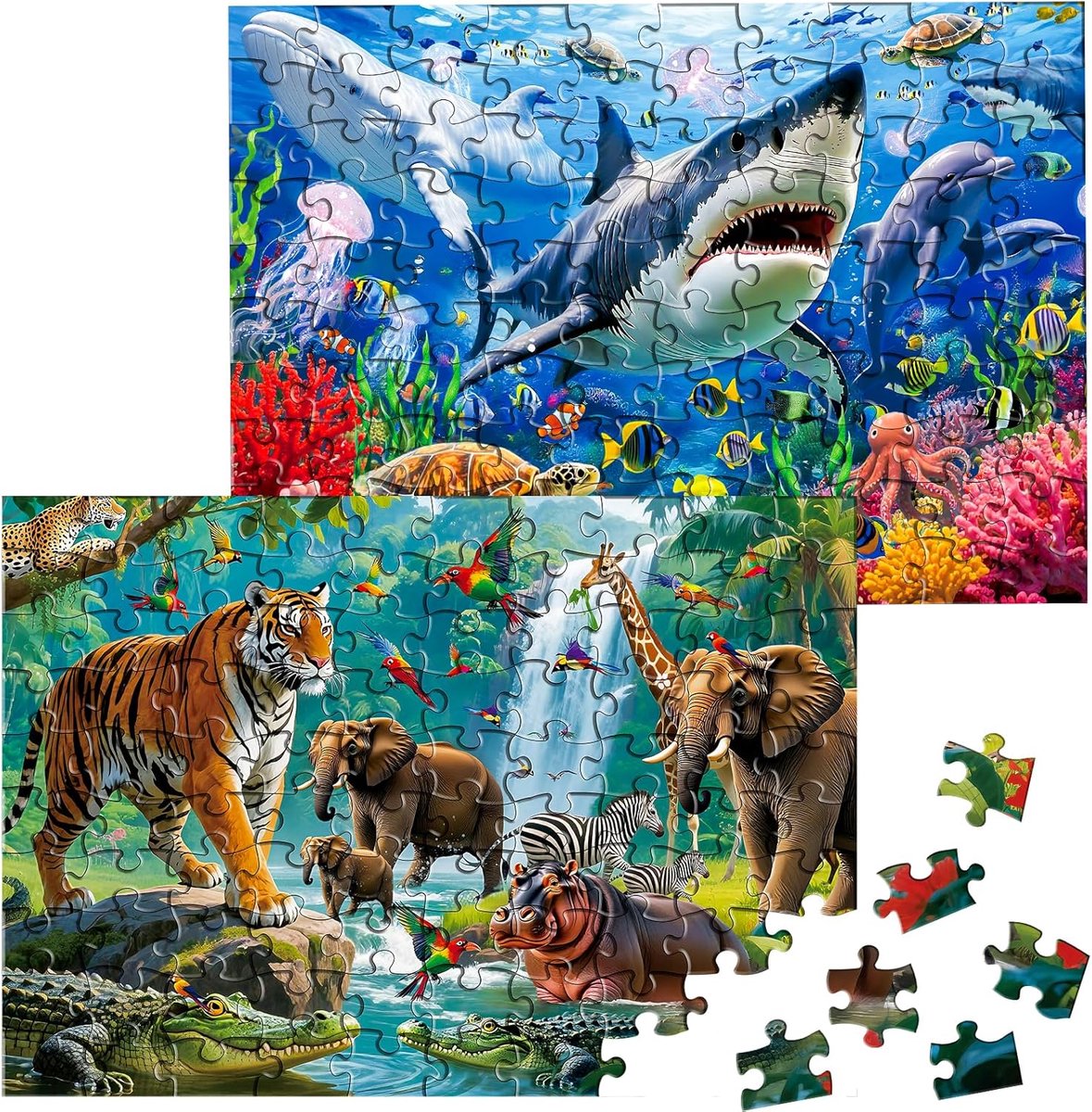 Puzzels voor kinderen - 2 sets van 100 stukjes - Onderwaterwereld en bosdieren - ShopVlot