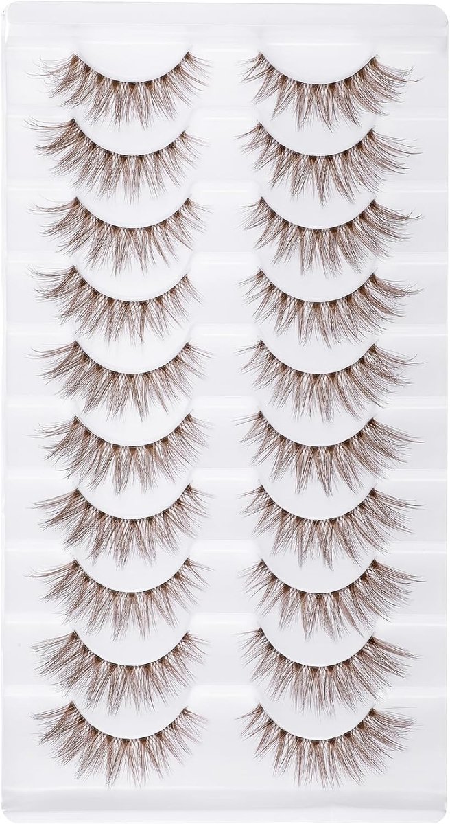 Oogwimpers 10 Pairs Bruin - Licht Fluffy - Transparante Band - Natuurlijke Look - ShopVlot