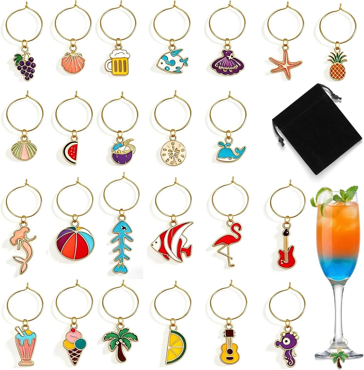 Wijnglazen set van 24 - glasplaatmarkeringen van zinklegering - 24 verschillende motieven - SnelShoppen