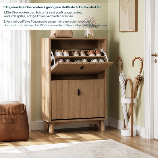STILVORA Schoenenkast - Smal Vrijstaand Klapmodel Met Verstelbare Planken En Anti Kantel - Voor Hal En Entree - Eikenhoutkleur - 60x24x94 Cm — afbeelding 5