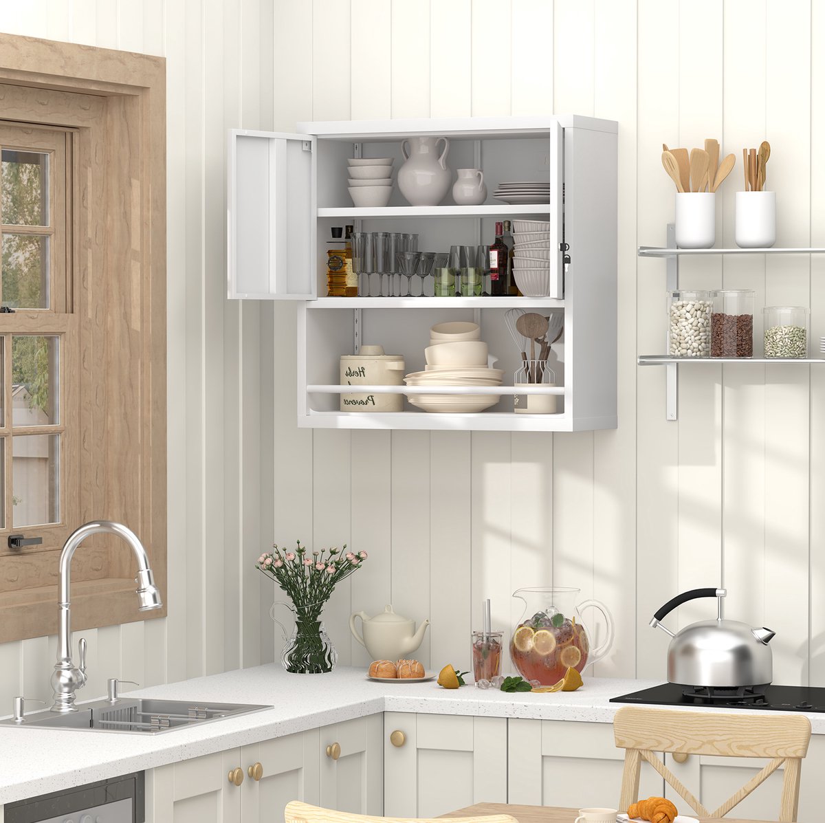 Wandkast - Metalen Opbergkast Met 2 Openslaande Deuren En Verstelbare Planken - Afsluitbaar Voor Keuken, Woonkamer En Kantoor - Wit - 76,2x30,5x78 Cm