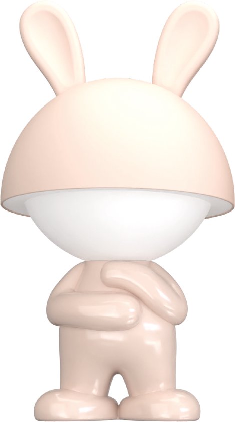Une lampe lapin rose avec de grandes oreilles et les bras croisés.