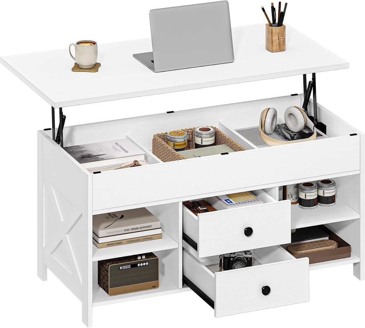 Hzuaneri Salontafel met verhoogd tafelblad, 100 cm, wit, 50 x 100 x 45-61,3 cm salontafel met 2 laden, 4 vakken