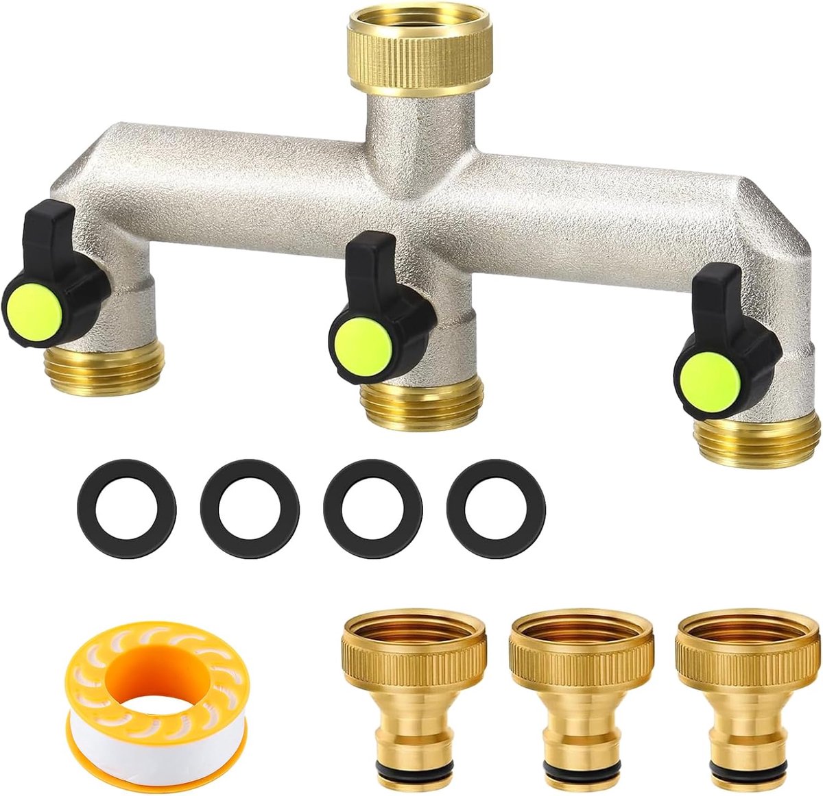 3-weg waterverdeler 3/4 inch - messing met handvat - voor tuinspuiten en slangen - ShopVlot