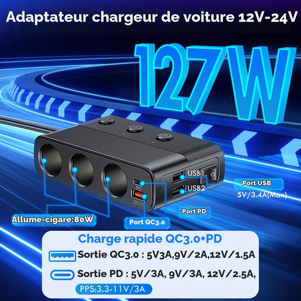 127W autoladeradapter met drie poorten/USB QC 3.0/PD | 12V/24V USB-autolader met aparte schakelaar en LED-voltmeter, voor het snel opladen van tablets/mobiele telefoons/gps-apparaten
