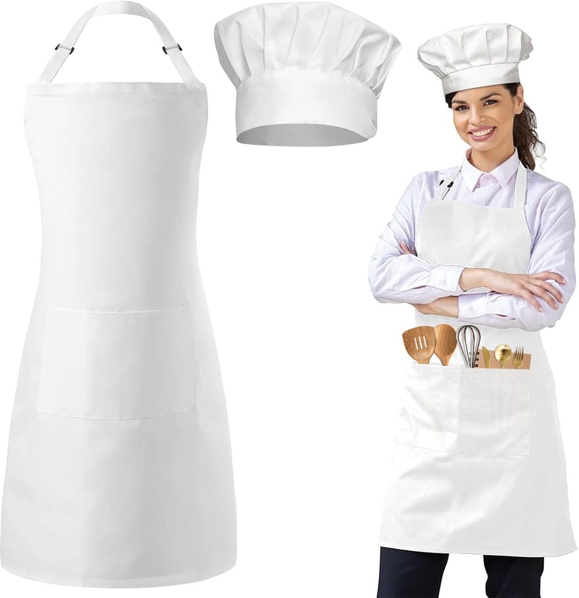 Keuken Schort Set Wit - Verstelbaar Kookschort met Zak - Voor Mannen en Vrouwen - Ideaal voor Bakken en BBQ - ShopVlot