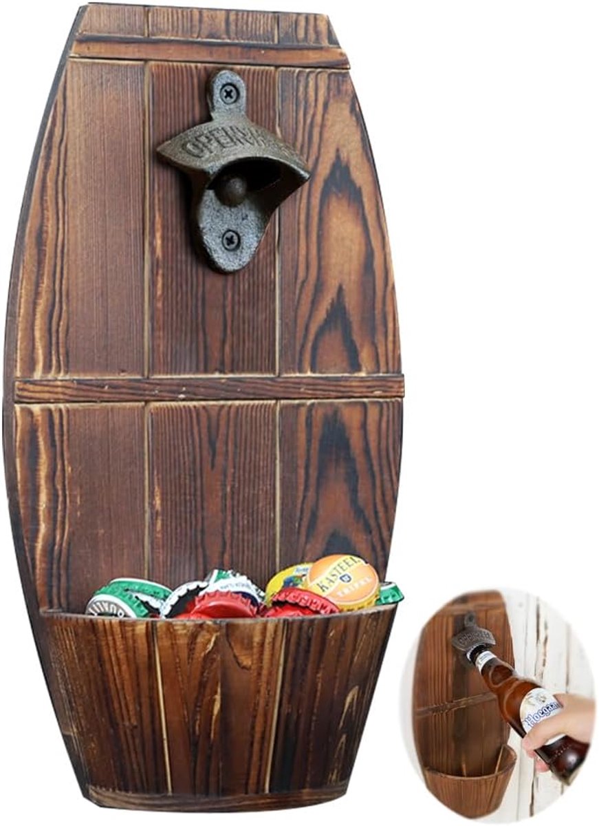 Wandmontage Bierfust - Houten Flesopener - Met opvangbak - Ideaal voor bierliefhebbers - SnelShoppen