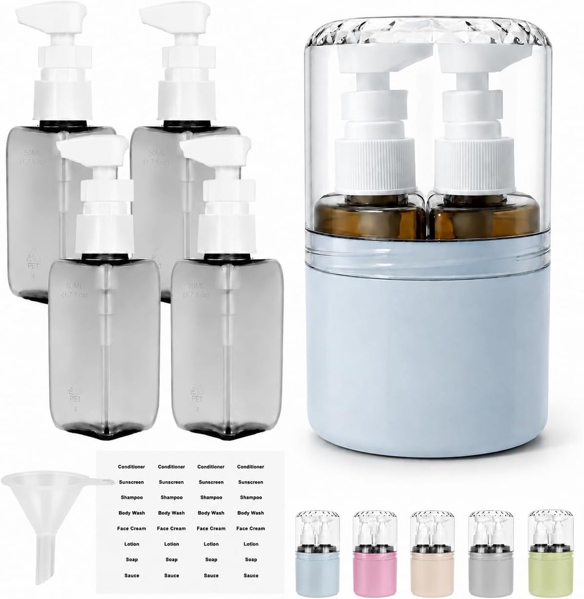 Reisdispenser 4-in-1 set - 4 x 50 ml flessen in harde opbergcase - Lekvrije shampoo containers - SnelShoppen