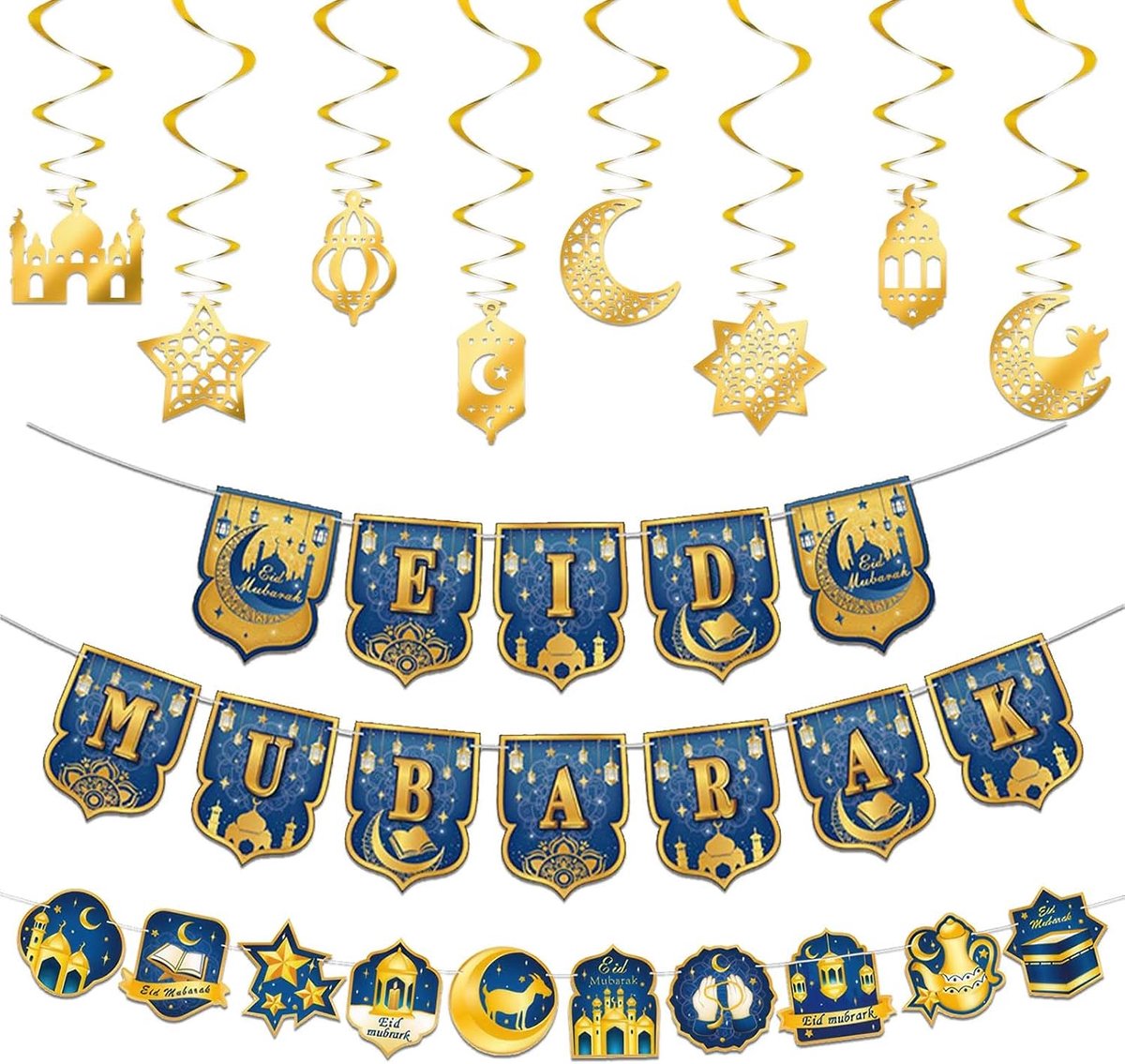 Decoratieset - Mubarak Slingers - Eid Versiering - Glitterende Ster, Maan en Lantaarn voor Feestdagen - SnelShoppen