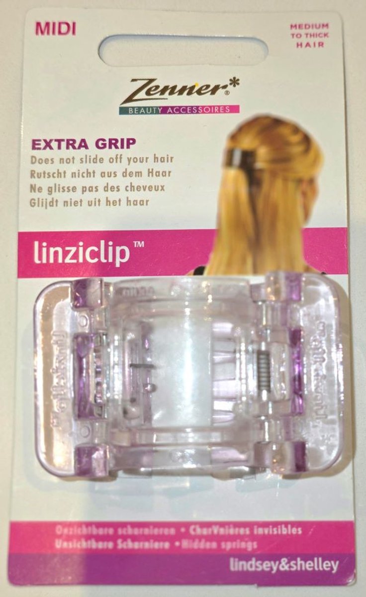 1 Zenner midi haarklem extra grip - linziclip - lindsey& shelley - transparant met vleugje lila - haarspeld medium