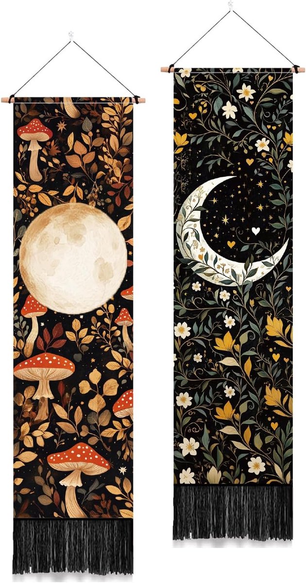 Wandtapijt set van 2 - Bohemian met maan en botanisch ontwerp - Aesthetic wanddecoratie voor slaapkamer, woonkamer - SnelShoppen