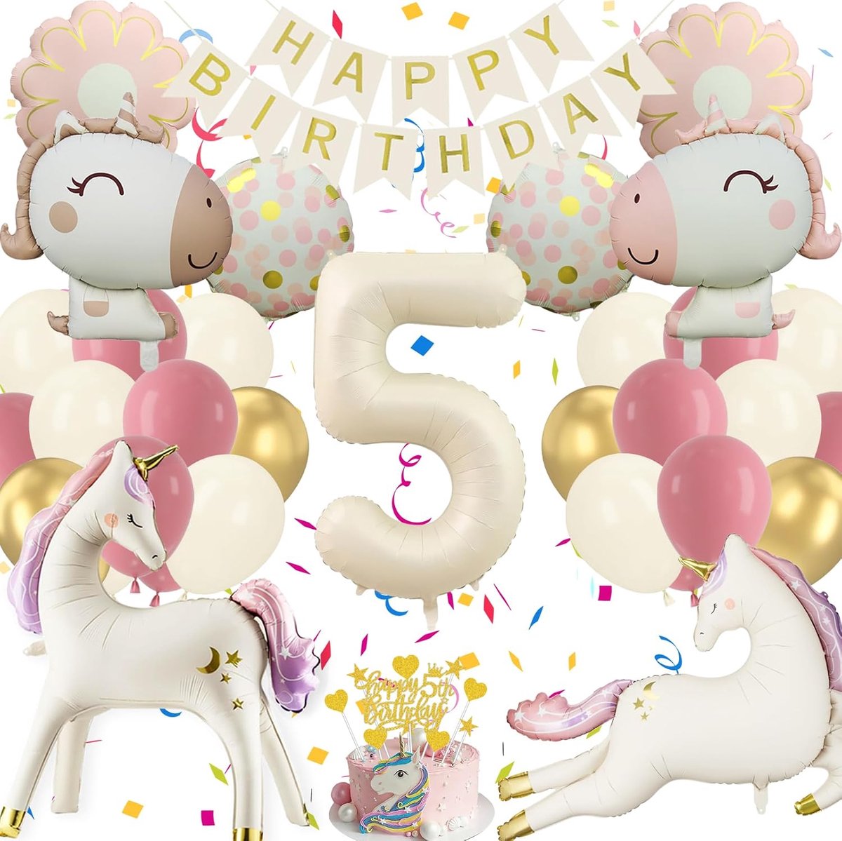 Verjaardagsdecoratie Eenhoorn Meisje 5 Jaar - 4D Eenhoorn Ballonnen Set - Feestversiering - SnelShoppen