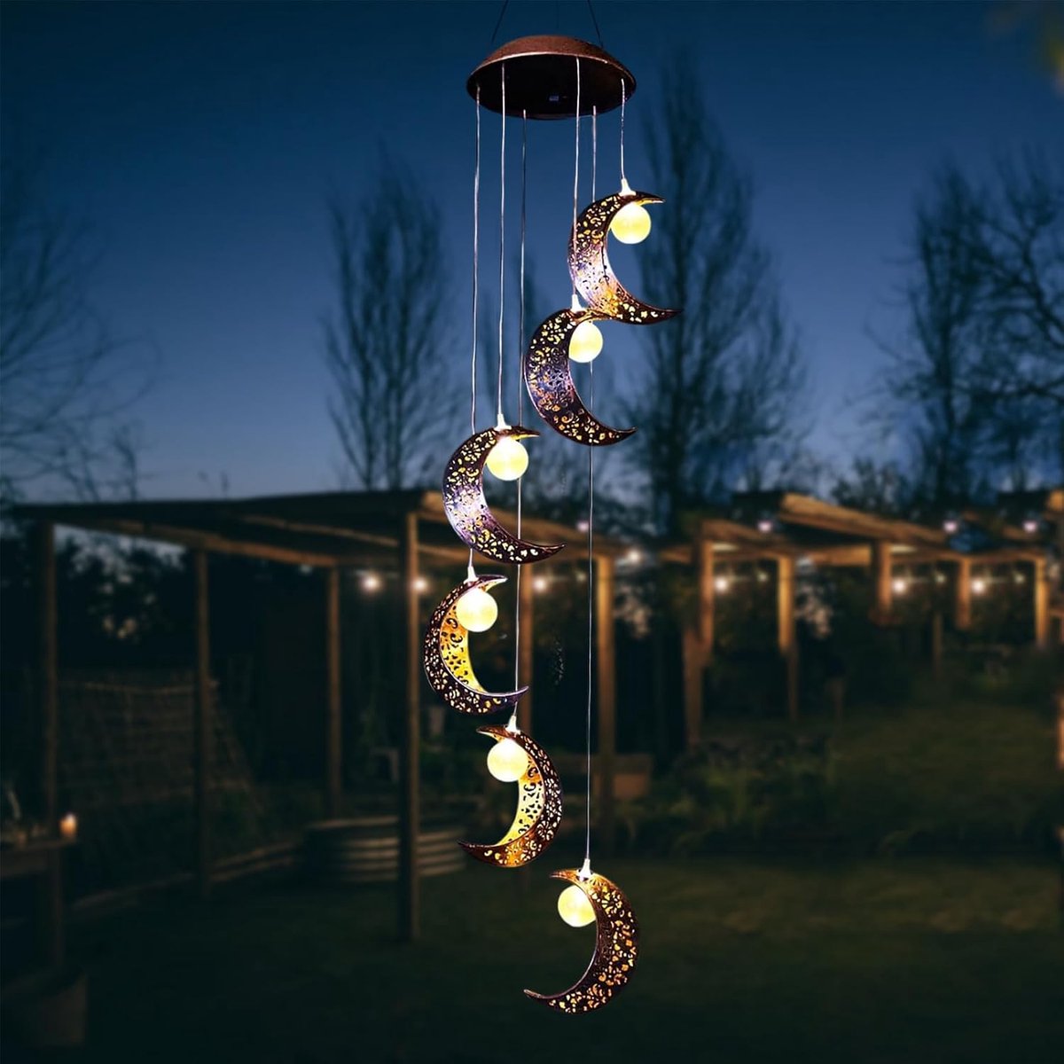 Windklokken op zonne-energie met maan, windklokken op zonne-energie voor buiten, buitenverlichting, led-terrasdecoratie om op te hangen, voor balkon en tuin