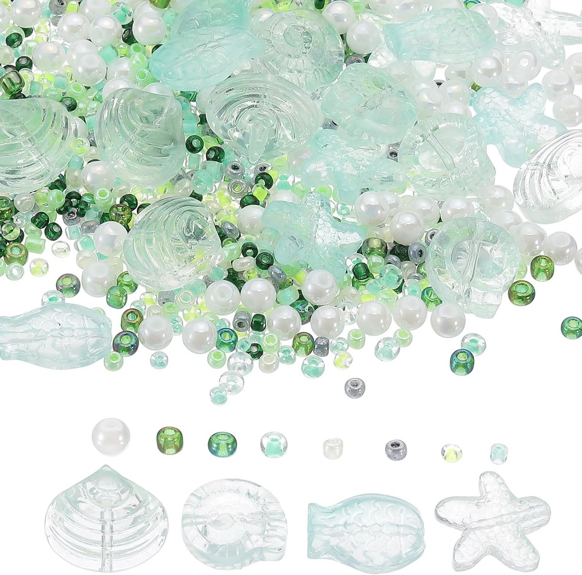 Kralen, 45 g+100 stuks oceaan dieren kralen glazen spacer kraal zeester schelp vis slak voor sieraden maken armband oorbel, groen