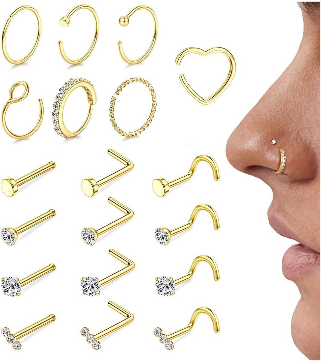 Neusringen voor dames, 18 g/20 g, 14 karaat verguld, chirurgisch staal, L-vormige zirkonia, 20 stuks