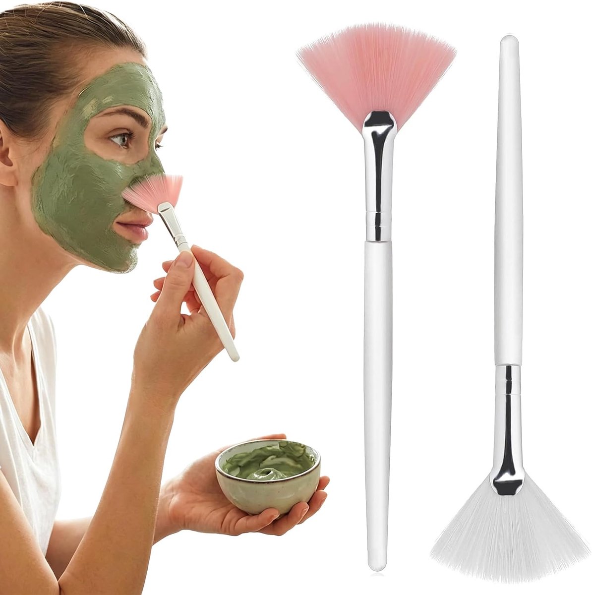 Set van 2 waaierborstels, tweeërlei gebruik gezichtsmasker borstel & markeerstift zuur applicator borstel synthetische vezels cosmetische & huidverzorging gezichtsborstels (wit en roze)