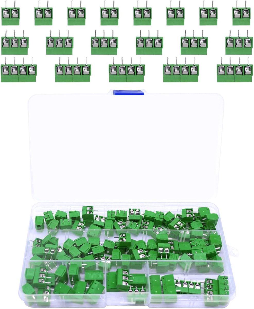 100 stuks 5 mm PCB Mount Screw Terminal Block, 2-pins & 3-pins & 4-pins 300V 16A schroefklem connector compatibel met Arduino (80x2, 15x3, 5x4), groen